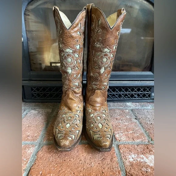 CORRAL Cowboy Boots Brown Leather Tan Inlay Detailing SZ 8 Western Cowgirl - Picture 3 of 8